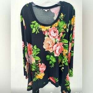 Roz & Ali Black Floral Print Tunic Top - Size XL - VGUC